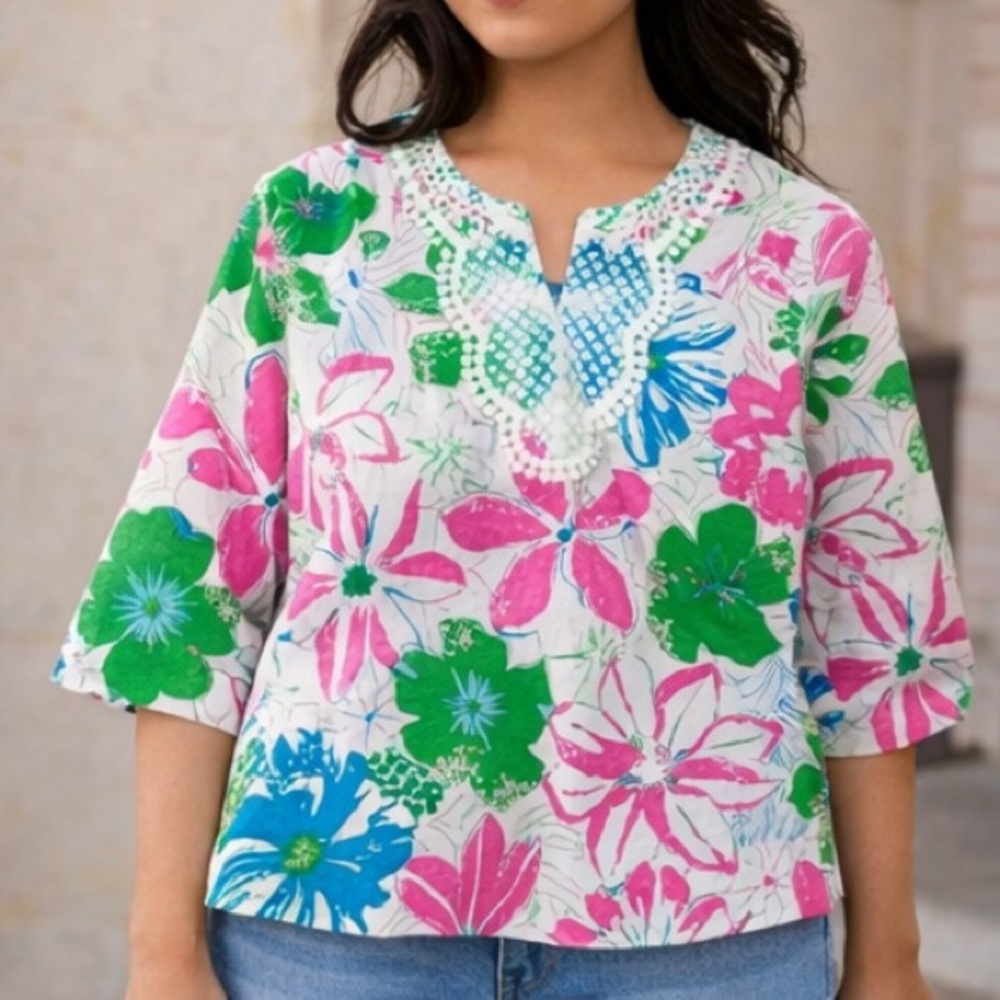 Talbots Petites Floral Embroidered‎ White Green Pink Blue Top SP Small